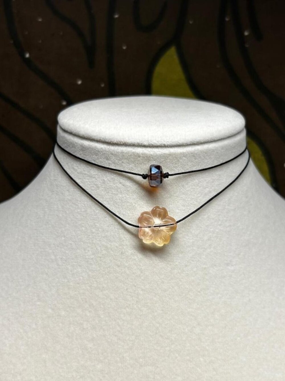 Peachy Flower brown Gem Layered Necklace Set cord adjustable minimalist dainty
